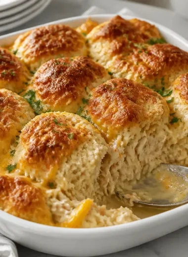 Delicious Chicken Biscuit Bake casserole served hot on a plate