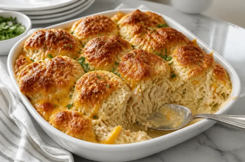 Delicious Chicken Biscuit Bake casserole served hot on a plate