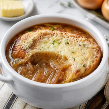 Delicious classic French onion soup with melted cheese and toasted bread on top