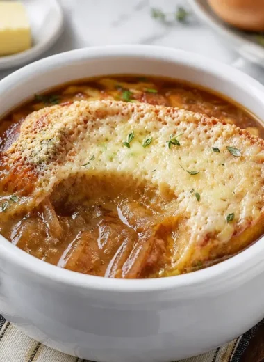 Delicious classic French onion soup with melted cheese and toasted bread on top