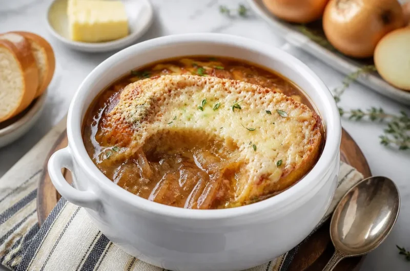 Delicious classic French onion soup with melted cheese and toasted bread on top