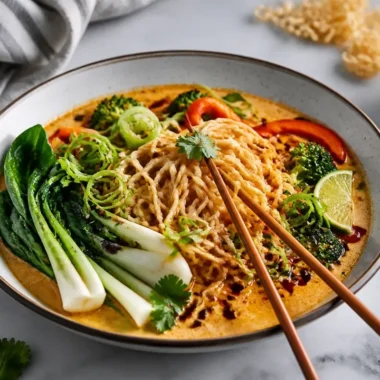 Bowl of spicy coconut noodles topped with fresh herbs and chili flakes.