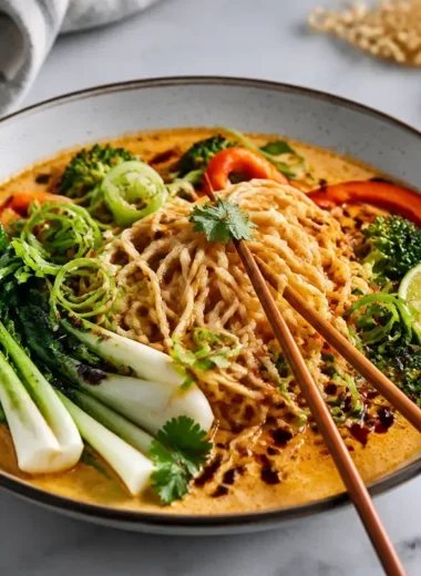 Bowl of spicy coconut noodles topped with fresh herbs and chili flakes.