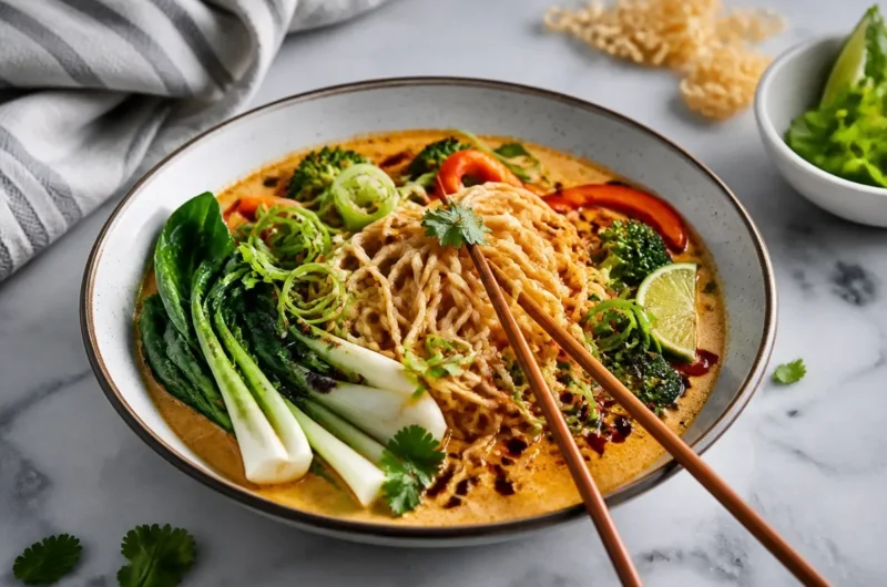 Bowl of spicy coconut noodles topped with fresh herbs and chili flakes.